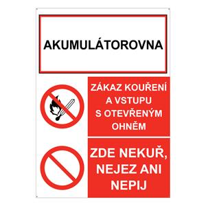 AKUMULÁTOROVNA - ZÁKAZ KOUŘENÍ A VSTUPU S OTEVŘENÝM OHNĚM - ZDE NEKUŘ, NEJEZ ANI NEPIJ, plast 2 mm s dírkami A5