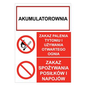 AKUMULATOROWNIA - ZAKAZ PALENIA TYTONIU... - ZAKAZ SPOŻYWANIA POSIŁKÓW..., naklejka 148x210 mm