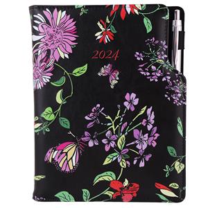 Diary DESIGN daily A4 2024 PL - black - flowers