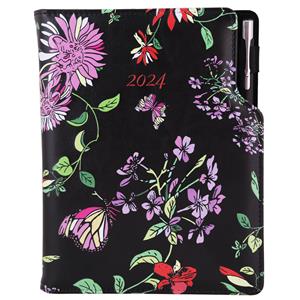 Diary DESIGN daily A5 2024 SK - black - flowers