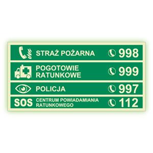 Numery alarmowe - fotoluminescencyjny znak, płyta PVC 1 mm 200x100 mm