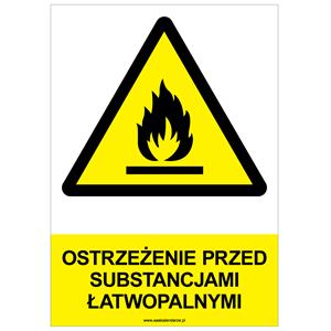 OSTRZEŻENIE PRZED SUBSTANCJAMI ŁATWOPALNYMI - znak BHP, płyta PVC A4, 2 mm