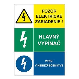 Pozor el. zariadenie-Hlavný vypínač-Vypni v nebezpečenstve, kombinácia, plast 2mm s dierkami-148x210mm