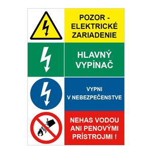 Pozor el. zariadenie-Hlavný vypínač-Vypni v nebezpečenstve-Nehas vodou, kombinácia, samolepka 210x297mm