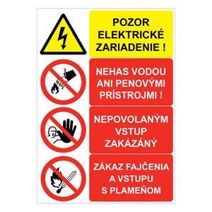 Pozor el. zariadenie-Nehas vodou-Nepovolaným vstup zakázaný-Zákaz fajčenia, kombinácia,plast 1mm,148x210mm