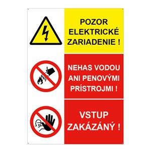 Pozor el. zariadenie-Nehas vodou-Vstup zakázaný, kombinácia, plast 2mm s dierkami-210x297mm