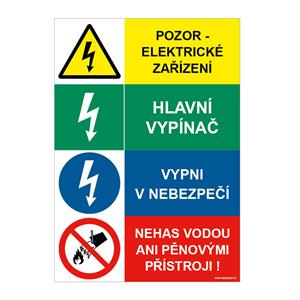 POZOR ELEKTRICKÉ ZAŘÍZENÍ - HLAVNÍ VYPÍNAČ - VYPNI V NEBEZPEČÍ - NEHAS VODOU ANI PĚNOVÝMI PŘÍSTROJI, Samolepka 210x297 m