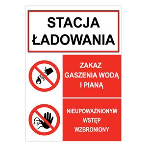 STACJA ŁADOWANIA - ZAKAZ GASZENIA WODĄ I PIANĄ - NIEUPOWAŻNIONYM WSTĘPN WZBRONIONY, płyta PVC 1 mm, 210x297 mm