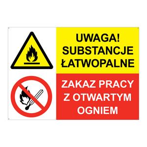 UWAGA! SUBSTANCJE ŁATWOPALNE - ZAKAZ PRACY Z OTWARTYM OGNIEM, ZNAK ŁĄCZONY, płyta PVC 2 mm z dziurkami, 210x148 mm