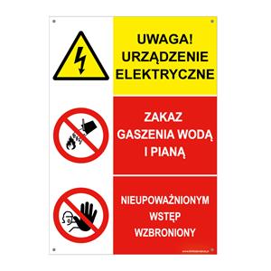 UWAGA! URZĄDZENIE ELE…- ZAKAZ GASZENIA WODĄ I PIANĄ - NIEUPOWAŻNIONYM..., płyta PVC 2 mm z dziurkami, 148x210 mm