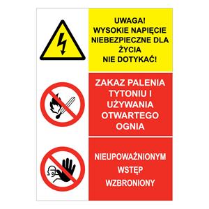 UWAGA! WYSOKIE NAPIĘCIE... - ZAKAZ PALENIA TYTONIU... - NIEUPOWAŻNIONYM..., płyta PVC 1 mm, 148x210 mm