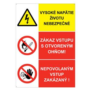 Vysoké napätie-Zákaz vstupu- ??Nepovolaným vstup zakázaný, kombinácia, plast 2mm s dierkami-297x210mm