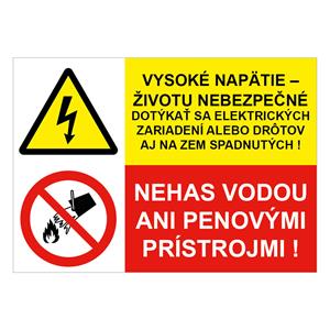 Vysoké napätie-životu nebezpečné alebo drôtov-Nehas vodou, kombinácia,plast 1mm,210x148mm