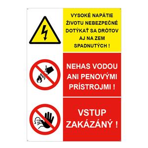 Vysoké napätie životu nebezpečné-Nehas vodou-Vstup zakázaný, kombinácia, plast 2mm s dierkami-210x297mm