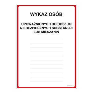 WYKAZ OSÓB UPOWAŻNIONYCH DO OBSŁUGI NIEBEZPIECZNYCH SUBSTANCJI LUB MIESZANIN, naklejka 210x297 mm