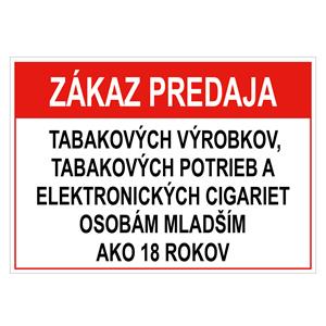 Zákaz predaja tab. výr., potrieb a el. cigariet os. ml. 18 - bezpečnostná tabuľka, samolepka 75x150 mm